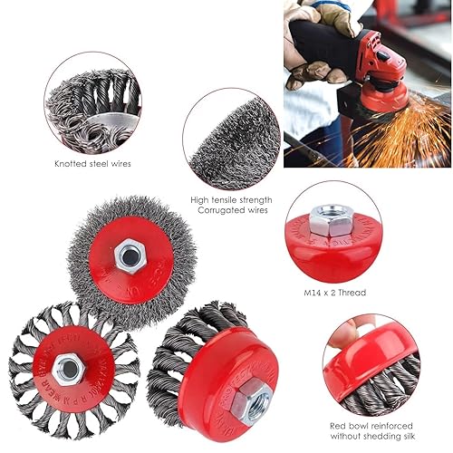 12 Pezzi Spazzola Metallica Smerigliatrice Angolare, Set Di Spazzole a Tazza,bM14 Spazzola Acciaio per Smerigliatura Metalli per Rimozione Ruggine e Vernice, Diametro 75 mm e 100 mm - Honorern