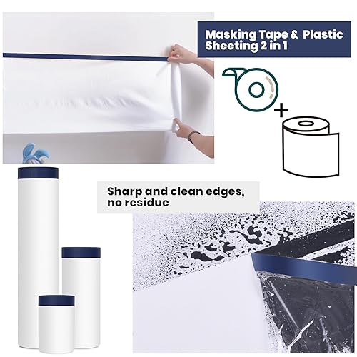 ADHES 3 Rullo Telo Protettivo Per Pittura, Telo Copritutto In Rotolo Bordo Con Nastro Adesivo, Per Mobili/Armadietti/Decorazioni, 1200mm X 27m Masking Film - Honorern