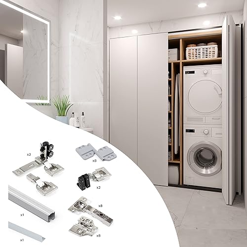 Emuca - Sistema per 2 ante scorrevoli in legno pensili e pieghevoli, con guida inferiore, pannelli non incluse, chiusura ammortizzata, alluminio anodizzato - Honorern