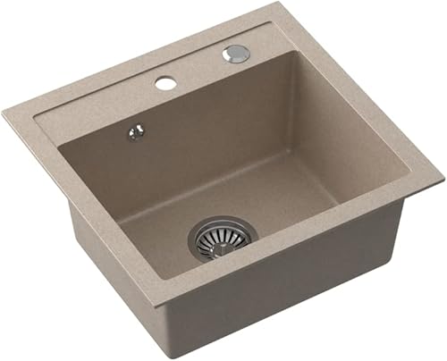 Lavello singolo da incasso in granito, 46 x 49 cm, per cucina, colore selezionabile tra beige o nero, rettangolare, con tappo a saltarello e sifone, Beige - Honorern