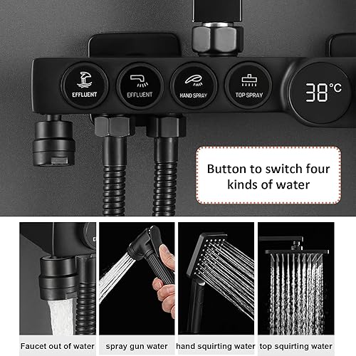 Doccia Termostatica con Display Digitale, Set Colonna Doccia a 4 Modalità in Rame, Soffione a Pioggia Quadrato per Bagno 290 * 190 mm Altezza Regolabile (A, Nero) - Honorern