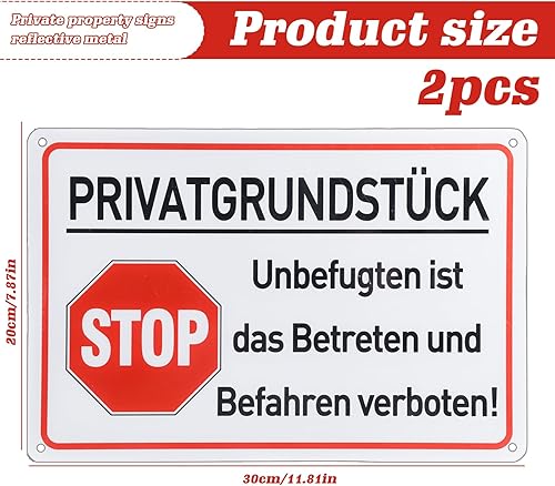 WIYETY Alluminio Attenzione: cartello privato: 2 pezzi cartello di avvertimento privato con autoadesivo e 4 fori, cartelli in metallo riflettente, in plastica dura, 30 x 20 x 0,1 cm - Honorern