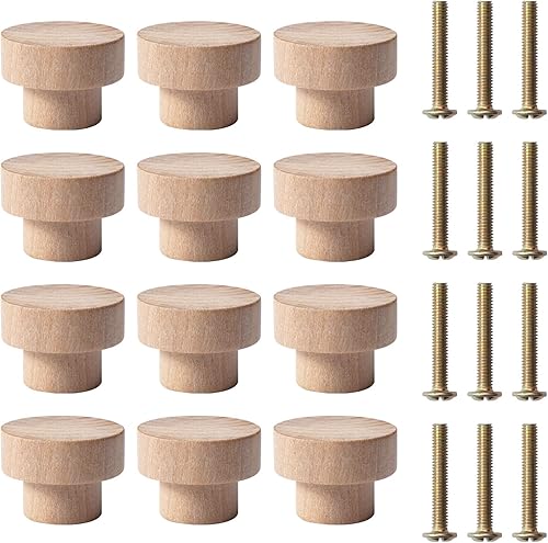 12 Pezzi Pomelli per Mobili Legno con Viti Rotondi Pomelli Legno Naturale 35 x 25 mm Liscio Lucido Sicurezza per i Bambini per Mobili Legno, Guardaroba, Armadi, Comodino e Cassetti - Honorern