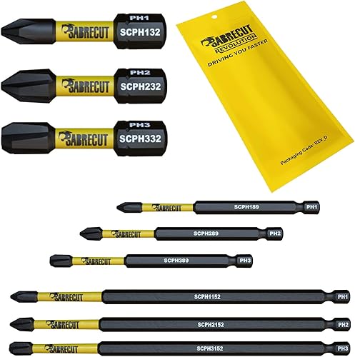 9 x SabreCut SCRK9PH 32mm 89mm 152mm PH1 PH2 PH3 Set di punte per cacciavite a impatto magnetico Phillips Heavy Duty compatibile con Dewalt Milwaukee Bosch Makita e altro - Honorern