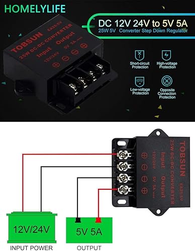 DUMVOIN DC 12V 24V a 5V 5A Transformadores Power Supply Reductor 25W 5V Fuente de Alimentación Regulada Conversor de Potencia para pantallas LED, automóviles, electricidad, etc. - Honorern