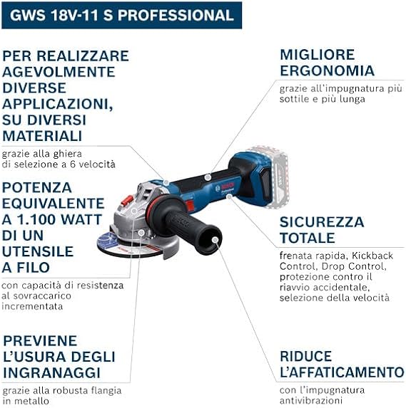 Bosch Professional 18V System Smerigliatrice angolare a batteria GWS 18V-11 S diametro disco 125 mm, Senza batterie/caricabatterie - Honorern