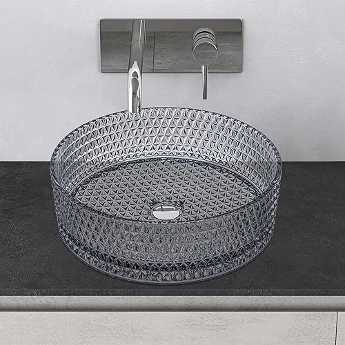 Mai & Mai Lavabo da Appoggio 39x39x12cm, Lavandino Bagno in Vetro Temperato Rotondo Minerva07, Grigio - Honorern