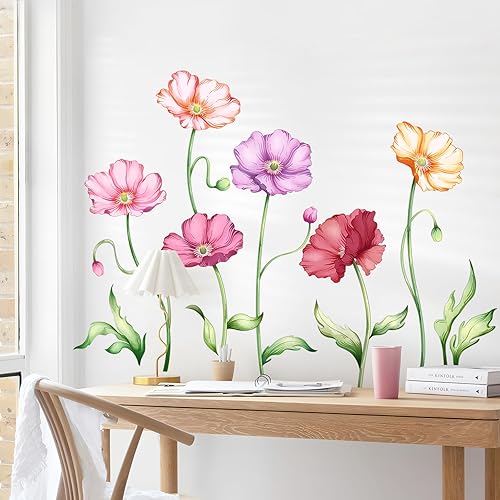 Supzone Adesivi Murali Fiori Decorazioni Muro con Fiori di Papavero Colorati, Motivo Naturale, Adesivi da Parete Autoadesivi Rimovibili per Soggiorno e Camera da Letto, Vetrofanie Primavera - Honorern