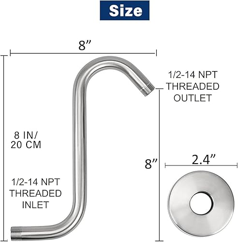 Braccio Doccia a Parete 20 cm, Prolunga Doccia in Acciaio inox G1/2 Universali per Soffione a Pioggia fisso, Braccio di Prolunga per Doccia, Braccio Estensibile per Soffione (Argento, 20cm) - Honorern
