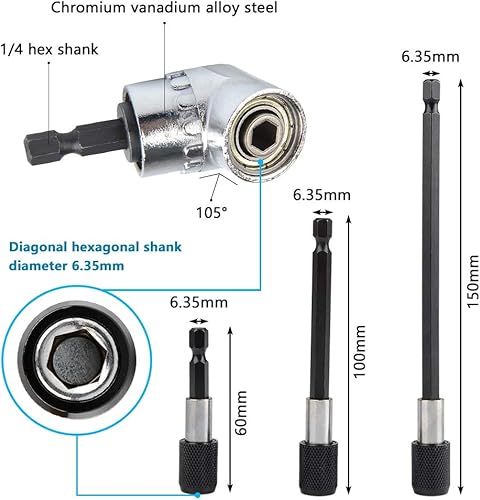 4 pezzi trapano avvitatore a batteria elettrica 105 gradi 1/4 di pollice forte trapano mandrino magnetico trapano esagonale con 60mm / 100mm / 150mm - Honorern