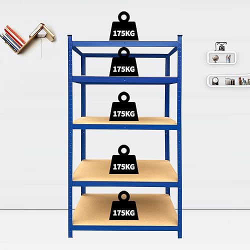Scaffale in metallo blu, 170 x 75 x 30 cm (altezza x larghezza x profondità), unità a 5 strati, acciaio e MDF, componenti senza viti, scaffale per garage, ripiano regolabile, capacità totale 875 kg - Honorern