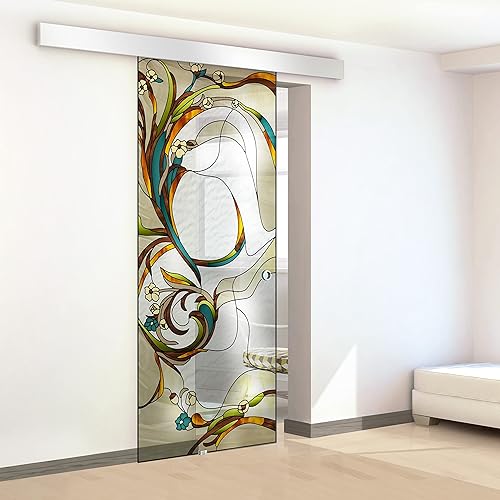 Porta scorrevole in vetro colorato dipinto a mano, modello SI giallo 60x215 cm (60/85/95 cm) 8 mm vetro trasparente, kit completo di ferramenta (60x215 cm, DESTRA) - Honorern