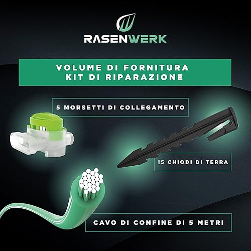 RASENWERK® Set riparazione cavo perimetrale robot rasaerba - 15 chiodi di forma brevettata - 5 morsetti di collegamento con gel impermeabile - Cavo perimetrale universale di 5m - Honorern