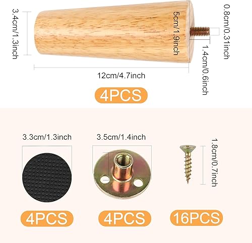 4 Pezzi Gambe per Mobili Legno, Piedini Mobili in Legno, Gambe per Mobili in Legno, Gambe per Comò Piedini Ricambio, Piedini Mobili Gambe Ricambio, per Mobili, Sedie, Divani, Tavoli, Comodini (12 cm) - Honorern