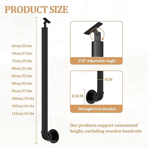 Colonne con colonnine in Ferro Battuto Nero, Ringhiera per Scale Montata Lateralmente per Villa Mansarda Balcone Portico, Ringhiera per Corrimano per Scale Interne all'aperto(110cm(43.3in)) - Honorern