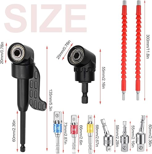 10 Pezzi Set di Punte di Prolunga per Cacciavite, 2 Adattatore per Trapano Angolo Retto a 105 Gradi, 2 Trapano Flessibile Adattatore Esagonale Avvitatore, Accessori Avvitatore - Honorern