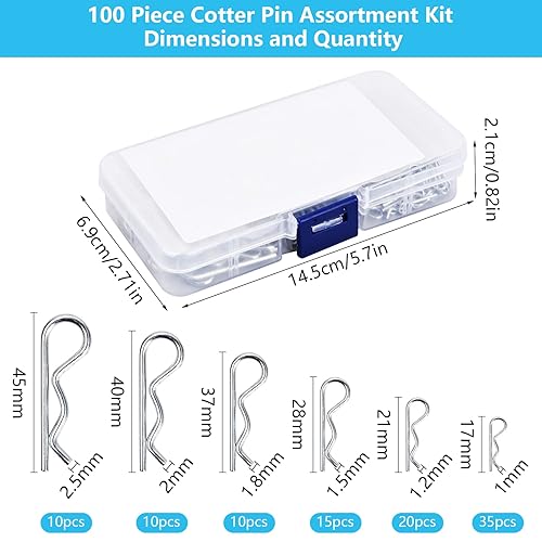 R Clip, 100 Pezzi Cotter Pin, Clip Coppiglia di Fissaggio in Acciaio Inossidabile, 6 misure Forma di R Coppiglia a Resistente con Scatola Immagazzinaggio per Auto Hardware di Fissaggio del Trattore - Honorern