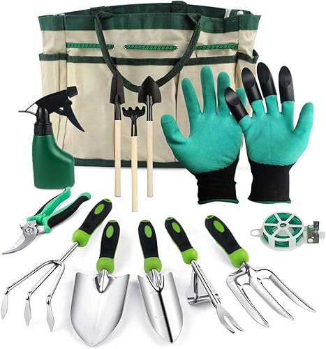 Attrezzi da Giardino con Supporti, 13 Attrezzi da Giardino in Acciaio Inox con Borsa per Attrezzi Resistente, Set di Attrezzi da Giardino per Uomini e Donne - Honorern