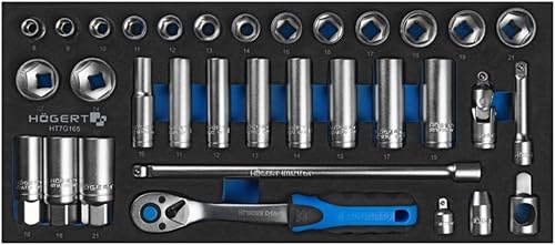 Högert Technik Set di chiavi a bussola 3/8', 33 pezzi, manico a cricchetto 72T, acciaio CRV, con connettore per candela, adattatore, inserto in EVA, robusto e resistente alla corrosione - Honorern