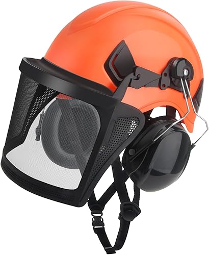 Casco di sicurezza forestale,Caschi antinfortunistica,Casco per motosega industriale con visiera in rete e cuffie antirumore,elmetto forestale 4 in 1 per Lavori con Motosega e Decespugliatore -Arancia - Honorern
