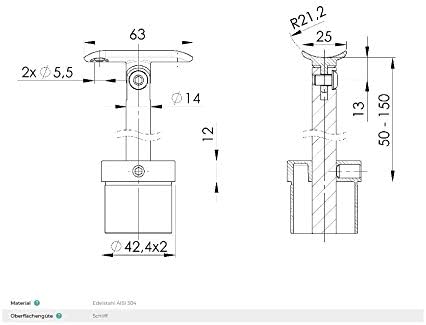 Supporto per corrimano in acciaio inox V2A per tubo da 42,4 mm (supporto tubo 0718.242) - Honorern