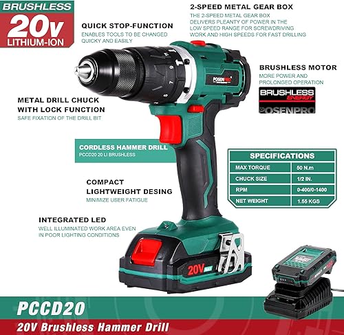 Trapano Avvitatore Batteria 20V, Brushless Avvitatore a Batteria con 2 Batterie da 2.0Ah, 50N.m di Coppia, 2 Velocità, 19+3 Coppia, Luce a LED, Trapano a Percussione da 1/2', Per il fai da te - Honorern