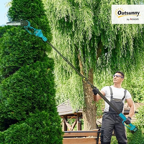 Outsunny Mini Motosega a Batterie 2 in 1 con Palo Telescopico, Motosega Senza Fili con Motore Brushless, 2 Batterie e Blocco di Sicurezza, Guanti e Occhiali di Protezione Inclusi, Blu - Honorern