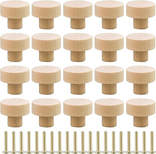 20 Pezzi Pomelli Rotondi in Legno Maniglia per Mobili Legno Grezzo con Viti, Mobile Cucina Pomelli per Porta, Guardaroba, Armadi e Cassetti, Accessori Mobili - 30 x 25mm - Honorern