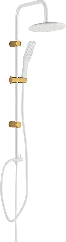 Adgo Alanis - Colonna doccia senza batteria, set doccia, soffione doccia rotondo con tubo, a parete, con doccetta, colore bianco e oro - Honorern