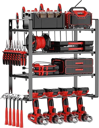 Robusto supporto da parete per utensili elettrici, supporto da parete per 16 trapani, organizer per attrezzi a 4 strati e scaffalatura per l'organizzazione in garage, officina, bacheca, - Honorern