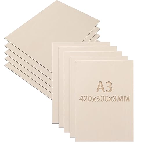 10 fogli di compensato A3 da 3 mm, 420 x 300 mm, legno di tiglio, legno non trattato, pannelli di legno per fai da te e artigianato, progetti laser, incisioni cave - Honorern