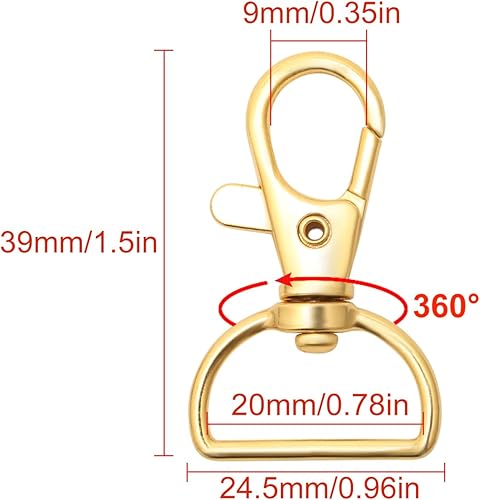 40 portachiavi in metallo dorato, chiusura a moschettone, girevole a 360°, anelli a D, gancio portachiavi con anello a D, per borse, portachiavi, portachiavi, catene per cuccioli - Honorern