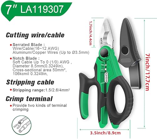 LAOA Forbici da elettricista con denti in acciaio inossidabile e guaina protettiva, forbici multifunzionali per elettricista per tagliare cavi, spelafili, terminali a crimpare Con 5 spazzole - Honorern