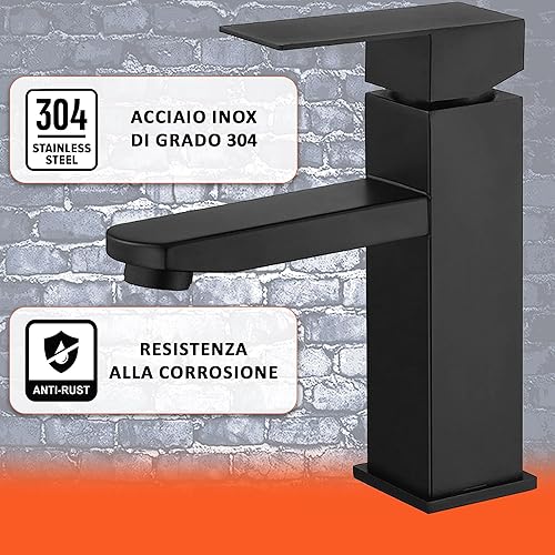 Rubinetto bagno lavabo nero acciaio inox monocomando per acqua calda e fredda con 2 tubi flessibili inclusi rubinetto nero bagno rubinetto bagno nero - Honorern