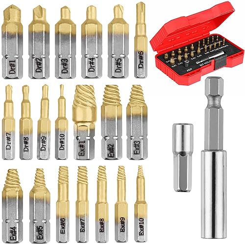 Set di estrattori per viti svitate, rotte e danneggiate - 22 pezzi, placcati in oro - Kit di rimozione con punte per trapano, estrattori, estensione per punte e adattatore per bussola - Honorern