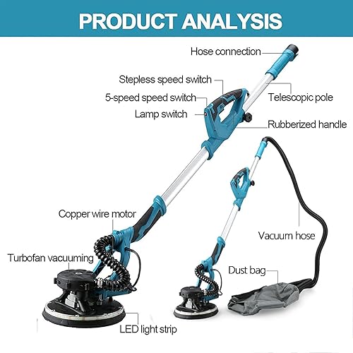 Levigatrice per Muro, 1800W, 1000-2100rpm/min, Manico Telescopico 130-200cm, Luci LED, Aspiratore, 50 Sandpaper Inclusi - Honorern