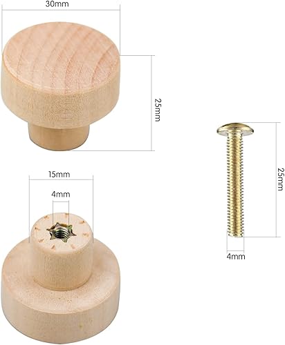 20 Pezzi Pomelli Rotondi in Legno Maniglia per Mobili Legno Grezzo con Viti, Mobile Cucina Pomelli per Porta, Guardaroba, Armadi e Cassetti, Accessori Mobili - 30 x 25mm - Honorern