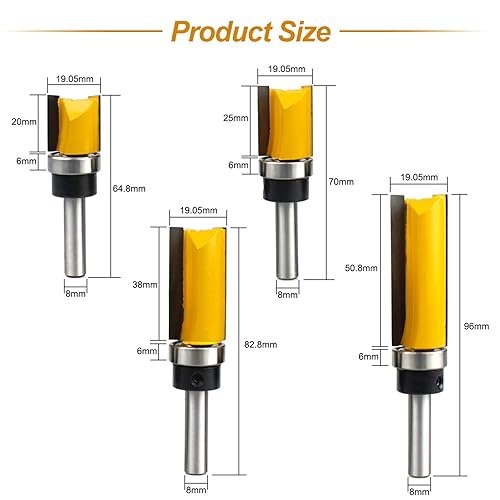 4 pezzi Set di Punte per Fresatura Legno Gambo 8mm, Fresa a Copiare con Codolo da 8 mm, Frese per Legno, Set Frese con Cuscinetto per Spianare Legno Professionali - Honorern
