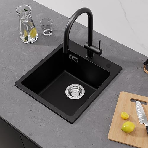 Lavello da cucina in granito, nero, 45 x 44 x 20 cm, rettangolare, senza foro per rubinetto, 1 vasca, lavello da cucina moderno, lavabo per cucina - Honorern