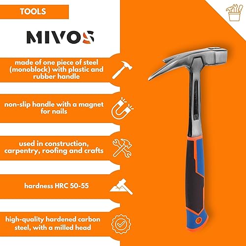 Martello da carpentiere, 600 g, peso della testa, interamente in acciaio forgiato, martello da carpentiere con manico anti-vibrazione, martello da carpentiere con supporto magnetico per unghie - Honorern