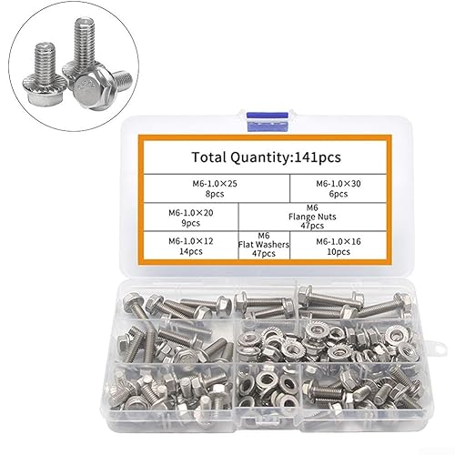 141PCS M6 Flangia Esagonale Viti E Bulloni Set di Viti In Acciaio Inox Kit di Fissaggio Esagonale Testa A Bussola Viti Assortimento Varie Misure - Honorern