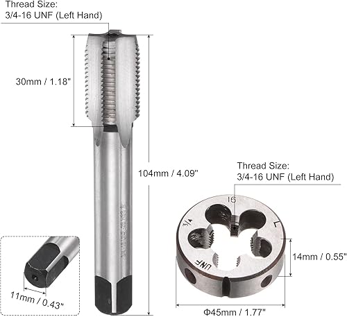 Set di 2 Pezzi Rubinetti e Matrici, Maschio a Filettare a Mano Sinistra 3/4-16 UNF e Fresa Rotonda, Kit di Maschio e Fresa per Riparazione Filettature Dadi Viti Bulloni - Honorern