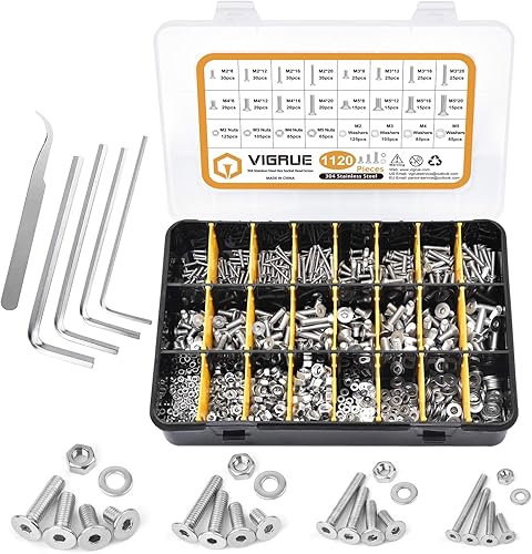 Set di 1120 viti a testa svasata M3 M4 M5 M6 con esagono incassato esagonale, set di viti a testa svasata A2 – 70 pezzi, in acciaio inox a testa svasata e rondelle, con scatola nera - Honorern