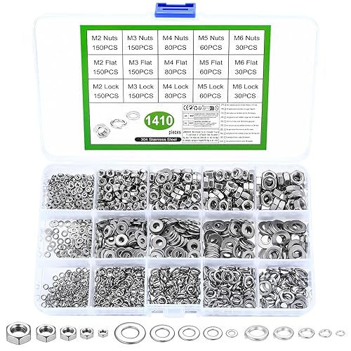 Set di 1410 rondelle in acciaio al carbonio, dadi esagonali e anelli a molla in acciaio al carbonio, M2 M3 M4 M5 M6, set di rondelle piatte (nero) - Honorern