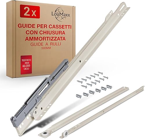Guide per cassetti 450 mm con chiusura automatica con ammortizzatore, set da 2 (1 paio), guide per cassetti estraibili Softclose, estraibili scorrevoli in bianco - Honorern