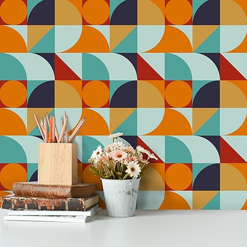VaryPaper Carta da Parati Geometrica Colorato 44.5cmx200cm Pellicola Adesiva Geometrica Retro Carta Adesiva per Mobili Fantasia Carta da Parati Adesiva Muro Bambini Cameretta Soggiorno Armadio - Honorern
