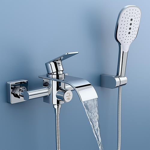 Rubinetto per vasca da bagno con doccetta a mano, rubinetto a cascata, miscelatore in ottone con 3 funzioni, rubinetto con una sola mano, vasca da bagno con interruttore a pressione - Honorern