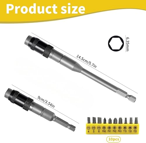 2 Pezzi 1/4' Portapunte Magnetico Flessibile, 90 mm*1+145mm*1 Portapunte Girevole, Portapunte Magnetico con 10 Pezzi Punte Lunghe 25mm, Prolunga per Punte da Trapano per Spazi Stretti o Angoli - Honorern