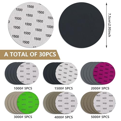 30 Pezzi 75mm Dischi Abrasivi, Asciutti Bagnati Carta Abrasivi, Dischi di Carta Abrasiva Grana 1000/1500/2000/3000/4000/5000, Carta Vetrata per Legno Levigatura Lucidatura Derusting - Honorern