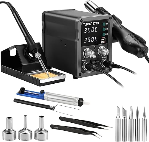 TLBZK 878D 2-in-1 Stazione di Saldatura ad Aria Calda Kit per Riassunto, Pompa Desalding, 5 Punte di Saldatura, 3 Ugelli ad Aria Calda, Pinzette, Estrattore IC - Honorern
